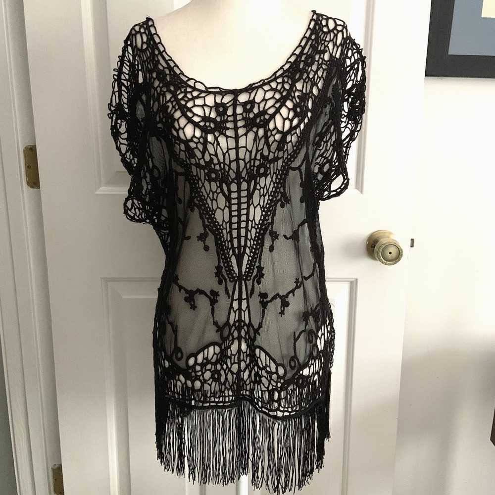 Maurices Black Crochet Lace Mesh Fringe tunic top Flapper Sexy Vamp Goth S/M